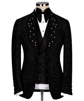 Luxury Men Wedding Groom Suits Glitter Lurex Black Blazer Vest Pants 3pcs Business Prom Party Gowns