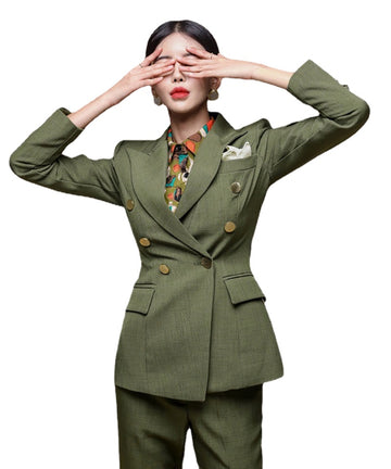 Spring Women Pant Suits Army Green Tuxedos Lady Business Formal Work Wear 2 Piece Sets Office Uniform