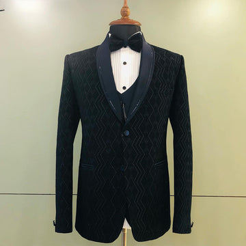 Blazers noirs à paillettes et cristaux pour hommes, costumes de banquet à la mode, veste d'affaires 2 pièces, pantalon