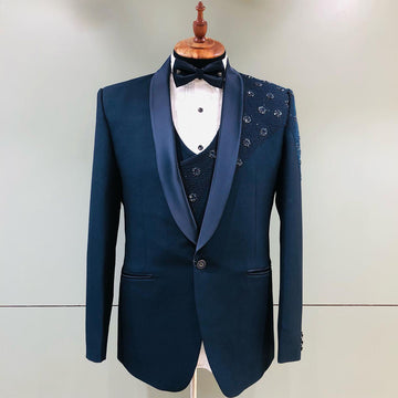 Blazers et pantalons bleus pour hommes, costumes de banquet à la mode, 3 pièces, veste d'affaires, gilet et pantalon