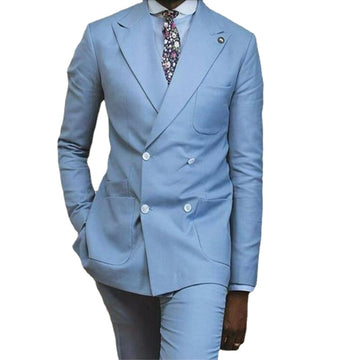 Men Double Breasted Light Blue Suits Formal Men Suit Set Men Wedding Groom Formal tuxedos Jacket+Pants(Jacket+Pants)