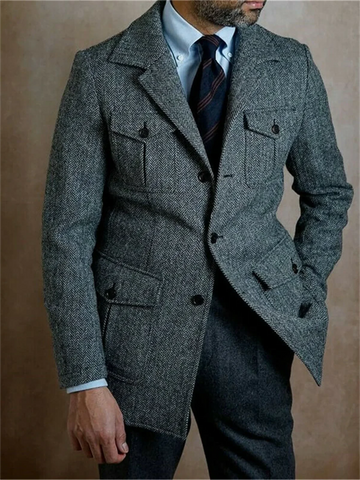 1 Pieces Vintage Business Men Suits Slim Fit Gray Tweed Herringbone Tuxedo Groom Suits For Men Wedding Male Blazer