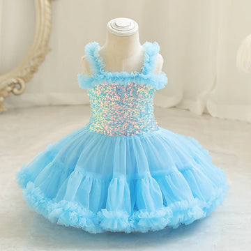 Vestido de fiesta de tul con lentejuelas azules y mangas con volantes para niñas