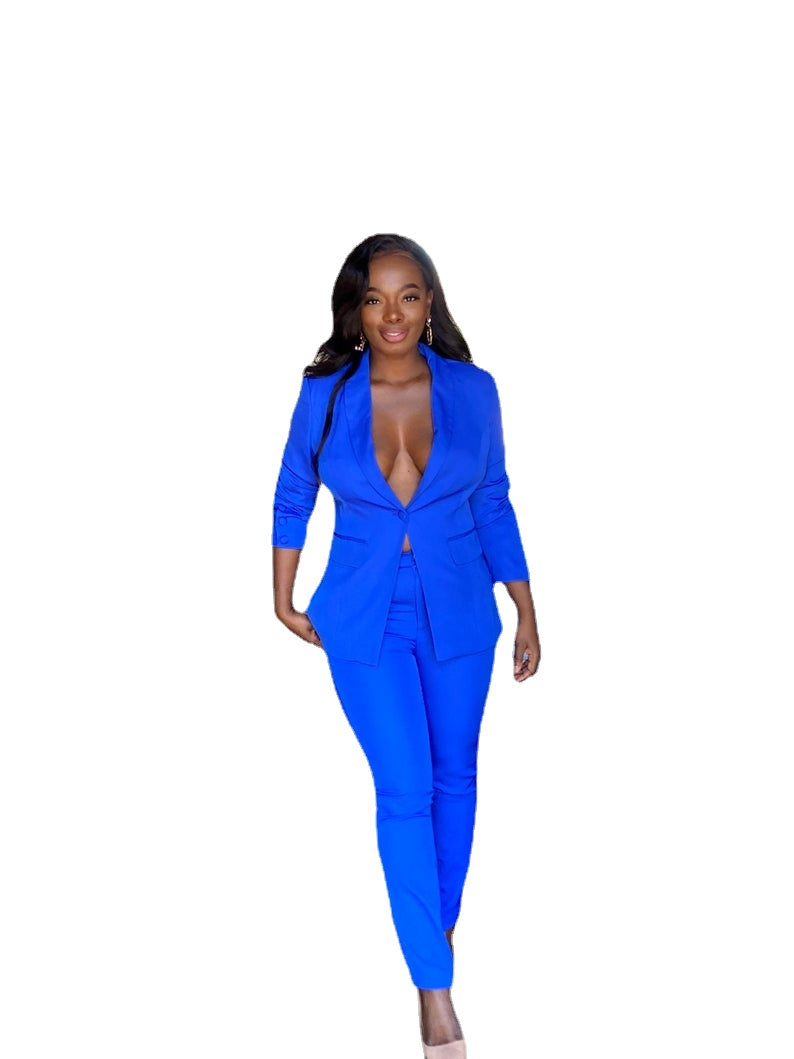 royal blue dress pants womens Royal Blue Women Blazer Suits Sexy V Neck Slim Fit Formal Office Lady