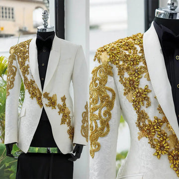 Luxurious Custom Made Wedding Tuxedo for Men with Gold Crystal Appliqués and Elegant Shawl Lapel – Perfect Suit for Groom and Special Occasions