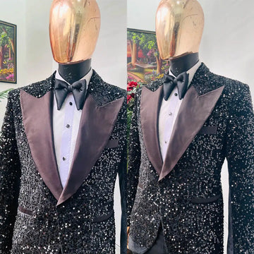 Trajes de boda brillantes para hombre, 2 piezas, solapa con pico, lentejuelas, esmoquin de un botón para novio, blazer, pantalones para fiesta, negocios, hechos a medida.