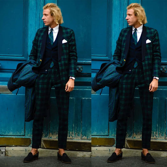 2 Pieces Green Navy Blue Plaid  Men Wedding Tuxedos Blazer&Pants Groom Groomsmen Suit Custom Made Fashion Men Suits