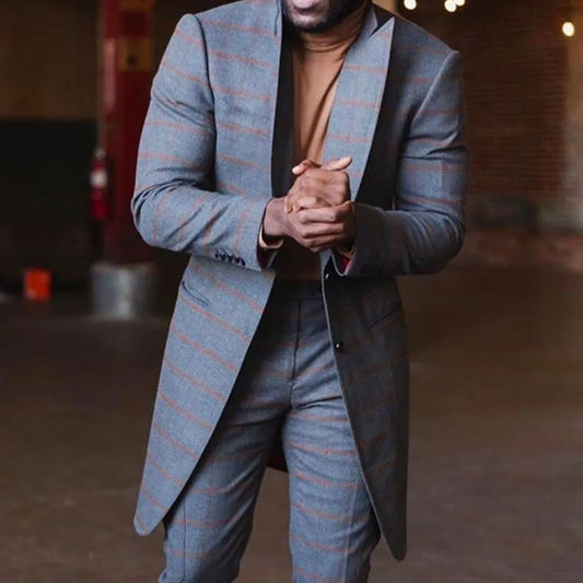 2 Pieces Long Plaid Men Wedding Tuxedos Blazer&Pants Groom Groomsmen Suit Custom Made Formal Men Suits