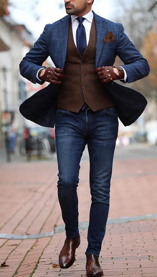 2 Pieces Navy Blue Men Wedding Tuxedos Blazer&Brown Vest Groom Groomsmen Suit Casual Custom Made Men Suits
