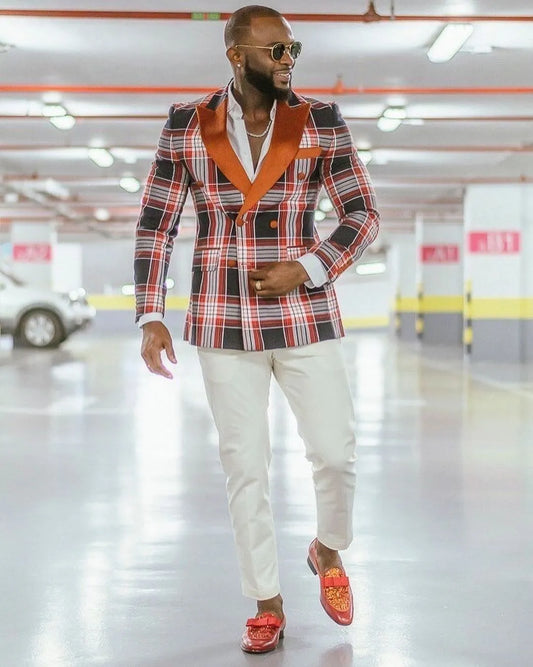 2 Pieces Plaid Men Wedding Tuxedos Custom Made Blazer&White Pants Groom Groomsmen Suit Causal Men Wear