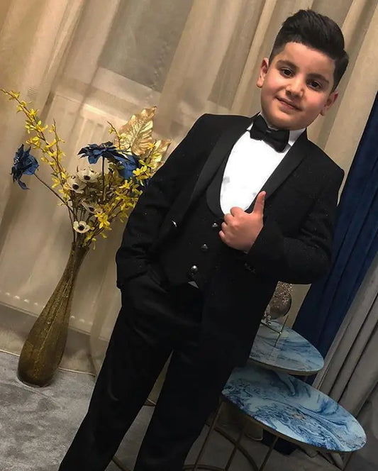 Costume de mariage noir 3 pièces pour enfant, avec revers châle et pantalon, tenue de soirée pour garçon (veste, gilet et pantalon).