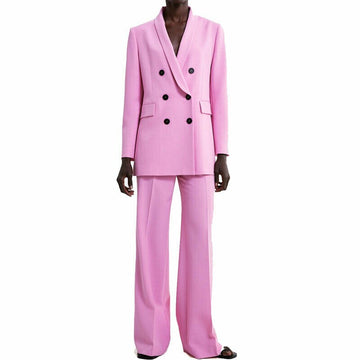 Ensemble pantalon rose pour femme, coupe slim, croisé, col en V, tenue de bureau, soirée, smoking (veste + pantalon)