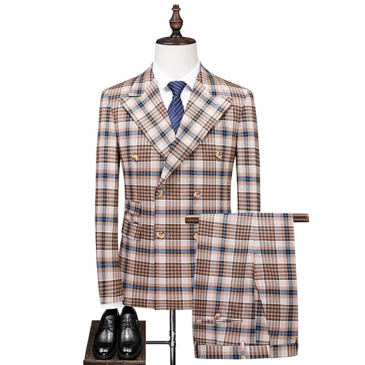 New Pair of Large Wide-necked Men's Suits, Double-breasted Two-piece Banquet Wedding Dresses, Office Worker Suits