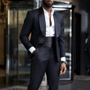 Costume noir pour homme, taille haute, 2 pièces, pour mariage, soirée, smoking, pantalon slim, revers châle, pour occasion formelle