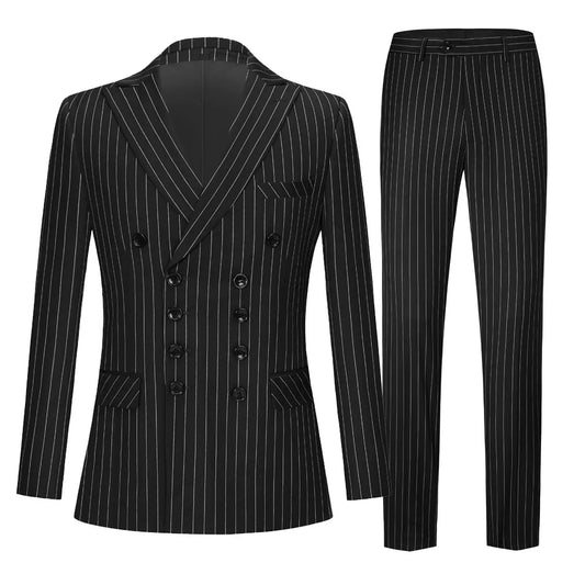 Double-breasted Suit Men's Suit British Blue Striped Business Casual Suit Men Are Decorating Body Groom's Wedding Dress Two
