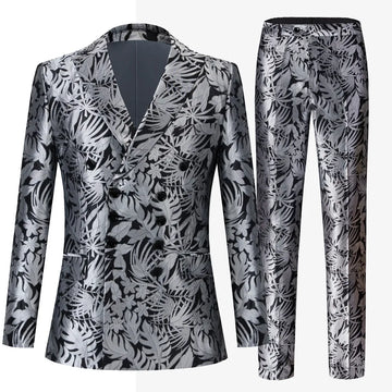 Gray Jacquard Peak-lapel Collar Double-breasted Men's Suit Banquet Wedding Dress Two-piece Set