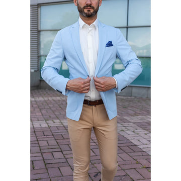 Men's Casual Boutique Single Breasted Sky Blue Blazer Khaki Trousers 2 Pieces(Jacket+ Pants)