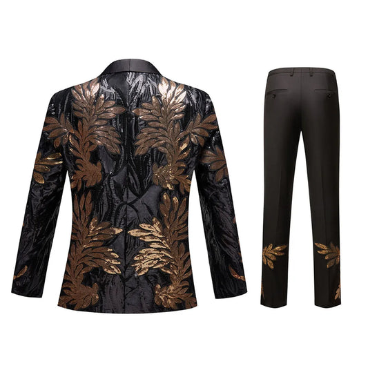 Men's Fashion Positioning Decal Sequin Suit Two-piece Wedding Banquet Singer Dress Top + Pants