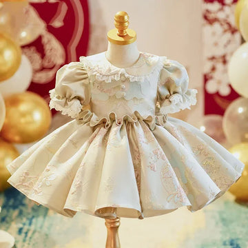 Baby Girls Floral Embroidered Party Dress with Puff Sleeves and Ruffle Detail