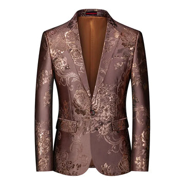 Men's Floral Pattern Jacquard Brown Blazer Satin Finish Single Breasted Button Closure