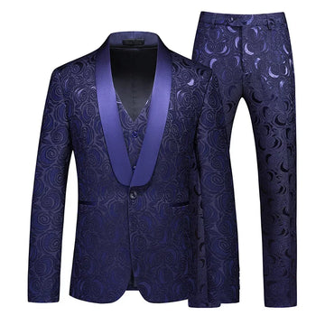 Costume trois pièces pour homme à motifs floraux avec revers châle en satin bleu marine