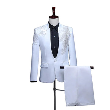 Costume deux pièces blanc à col montant et appliques pour homme, veste bleu, rouge et violet, pour bal, mariage, cérémonie de remise de prix