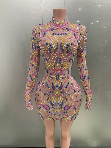 Robe courte sexy en maille perlée extensible pour femme, tenue de soirée, d'anniversaire, de bal, de discothèque, de scène