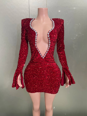 Robe fourreau sexy rouge brillante à paillettes et strass pour femme, tenue de soirée, d'anniversaire, de discothèque, de spectacle, sur mesure