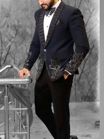 Black Luxury Handmade Beading Crystal Men Suits Two Pieces Man Blazer(Jacket+Pants)