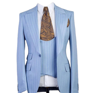 Costume Homme Light Blue Stripe Men Suits 3 Pieces One Button Peak Lapel Casual Groom Wedding Slim fit Blazer