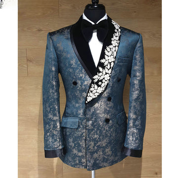 Traje de novio azul marino con apliques de encaje y jacquard, conjunto formal de 2 piezas de chaqueta y pantalón, blazer elegante e informal para negocios.