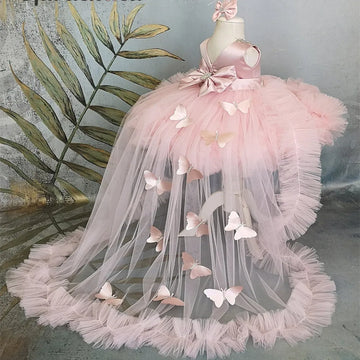 Robe de princesse en tulle rose à motif papillon pour fille, avec longue traîne et nœud