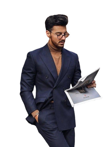 Costume 2 pièces bleu foncé à double boutonnage pour homme, coupe slim, smoking de mariage, sur mesure, pour bal de promo, mariage, affaires