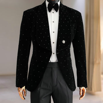 Black Velvet Men Suits 2 Piece with Pearls Fashion Business Casual Wear Party Wedding Groom Tuxedo Jacket&Pants