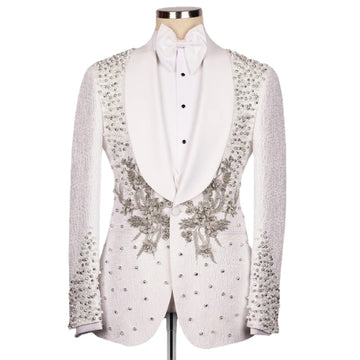 Costume de mariage de luxe pour homme, 3 pièces, ivoire, blazer, gilet, pantalon, appliques, cristaux, sur mesure