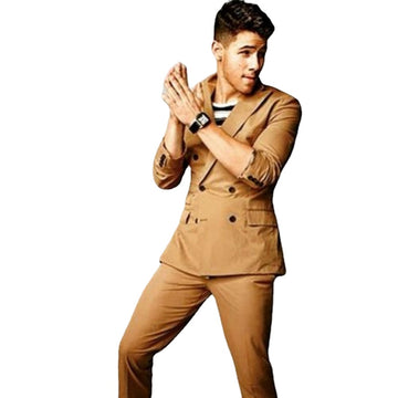 Khaki Peaked Lapel Men Suits Double Breasted Coat Formal Hombres Blazer Men Gentlemen Tuxedos(Jacket Pant)