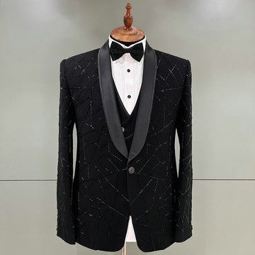 Black 3 Pieces Groom Wedding Tuxedos Beading Formal Suits Men Custom Made Black Prom Blazer Sets Male Fashion
