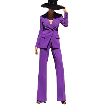 Women Suit Purple Slim Fit Blazer Double Breasted Prom Formal Office Ladies Jacket Party Coat 2 Pieces
