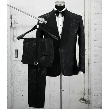 Costume 2 pièces en jacquard noir classique pour homme, tenue décontractée, tenue de soirée, de mariage, smoking, veste et pantalon
