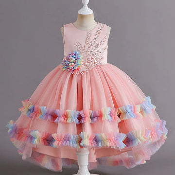 Robe de princesse rose sans manches en tulle pour fille, avec volants arc-en-ciel et ornements floraux