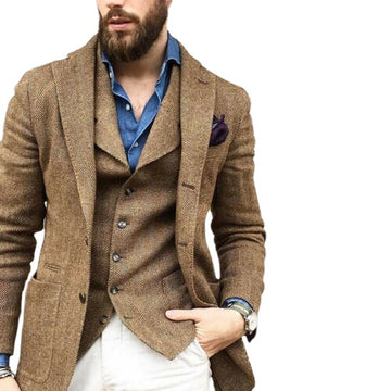 Groom Wear Best Man Wear Tweed Herringbone Tuxedos Wedding Dress Prom Dresses Business Suit 3Piece suit(Jacket+Pant+Vest)