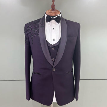 Dark Purple Blazers Men Suits Appliques Beading Fashion Banquet 3 Piece Business Jacket Vest Pants Trousers