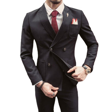 Costume 2 pièces coupe slim pour homme, veste bleue à un bouton et pantalon noir, costume de mariage pour homme
