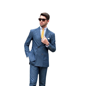 Costume bleu à double boutonnage pour homme, 2 pièces (veste, pantalon, cravate), blazer, coupe slim, tenue de soirée sur mesure