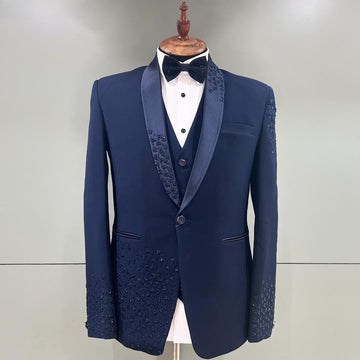 Blazers bleus pour hommes, costumes de banquet à la mode avec cristaux et diamants, veste d'affaires 3 pièces, gilet et pantalon