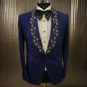 Trajes de hombre de tejido jacquard azul real con apliques para novio, esmoquin de boda, conjuntos de 2 piezas, chaquetas para cena y graduación, Terno Masculino Completo