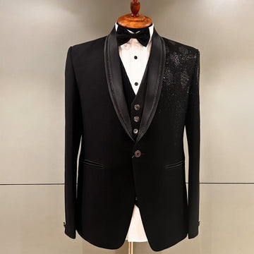 Black Blazers Men Suits Sequined Beading Fashion Banquet 3 Piece Business Jacket Vest Pants Trousers