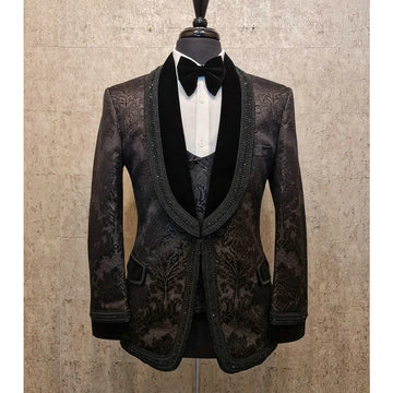 Costume 3 pièces en jacquard noir avec perles et perles pour homme, ensemble veste, gilet et pantalon, style décontracté et élégant.