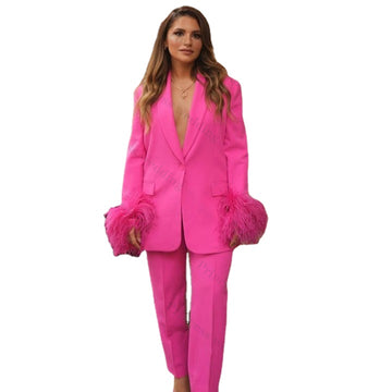 Hot Pink Women Pants Suits Set Feather Long Sleeve Girl Blazer Wide Leg Plus Size Office Lady Party Prom Dress