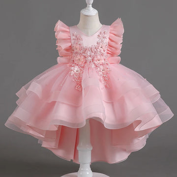 Robe rose en tulle à volants et fleurs pour fille, sans manches, ourlet haut et bas, tenue de soirée pour enfant